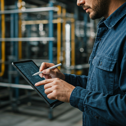 Especialista inspecionando documento técnico em tablet